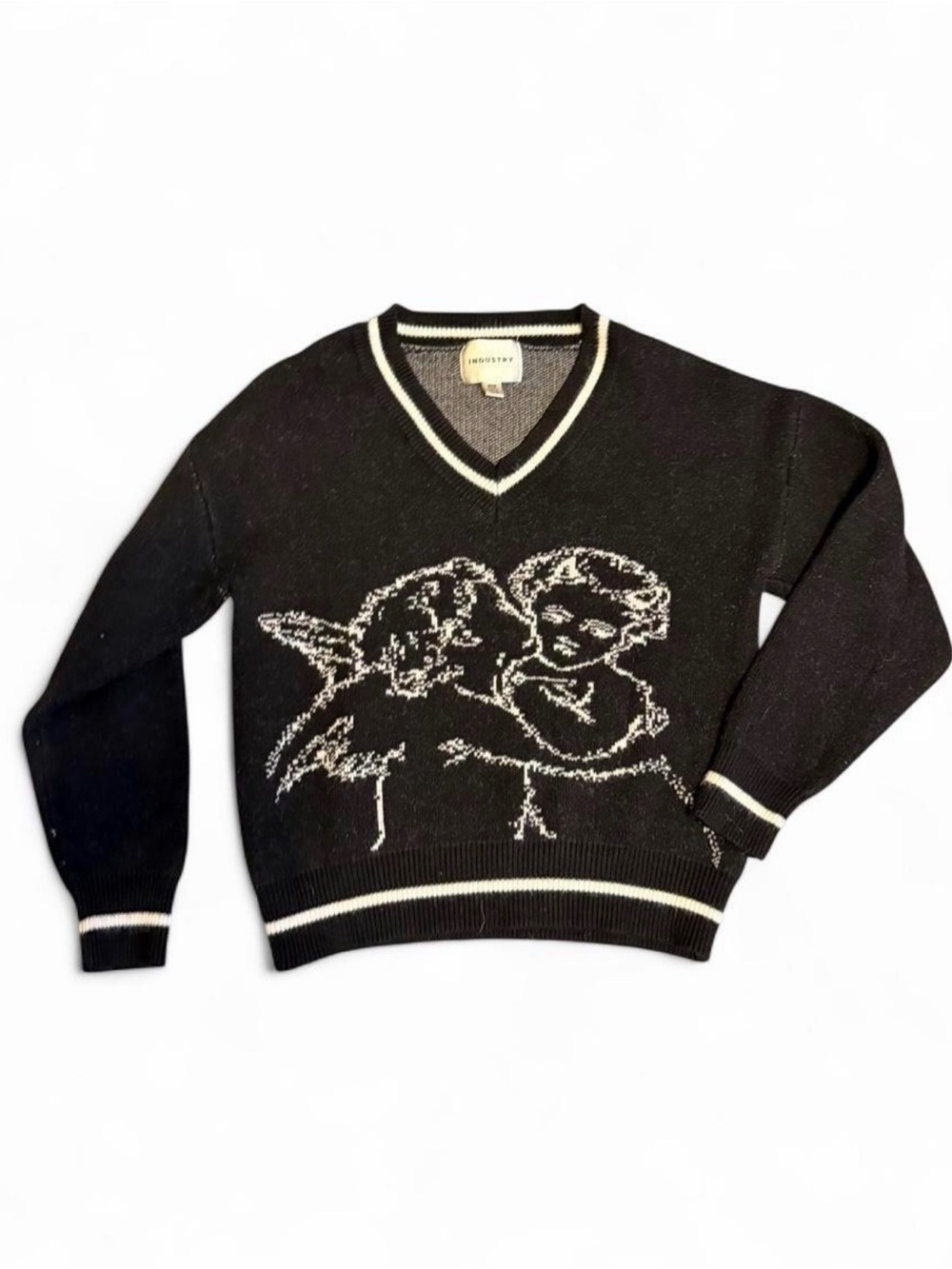 Industry Jacquard Black V-Neck Sweater with Cherub Motif size M